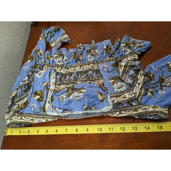 Lascana Floral Fitted Blouse XS Blue Green Smocked Button Up Long Sleeve Ruffled - Picture 5 of 8